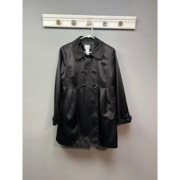 Emma James Trench Coat Women 14 Black Double Breasted Pleats Back Classic Jacket - Picture 2 of 9